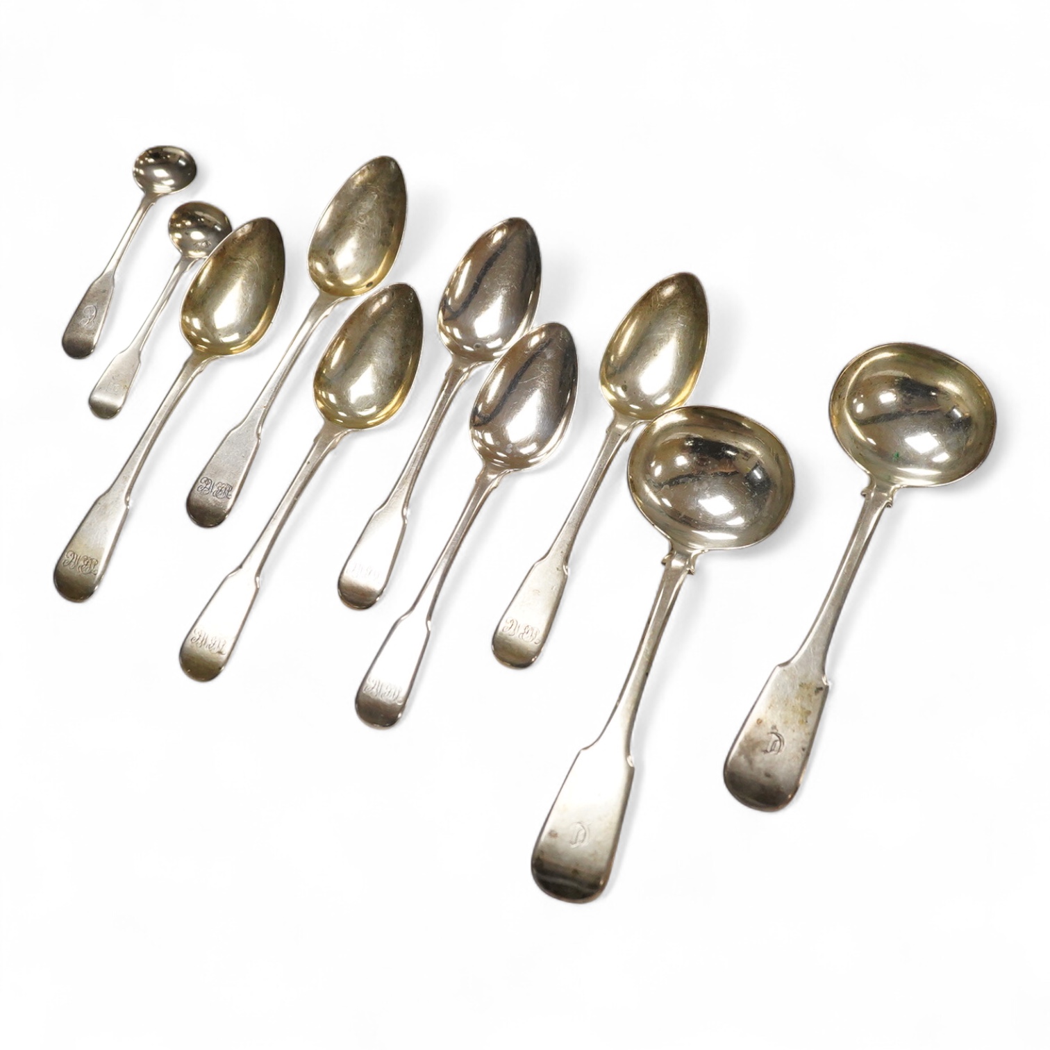 A set of six George III silver fiddle pattern dessert spoons by Ely, Fearn & Chawner, London 1808, togeter with two silver condiment spoons and a pair of Victorian silver fiddle pattern sauce ladles, Hayne & Cater, Londo